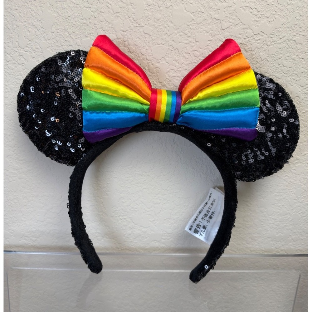 Disney Parks Minnie Mouse Ears Rainbow Bow Black Sequin Pride 2019 Discontinued
